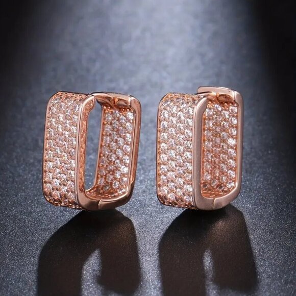Rectangular Zircon Hoops Rose Gold Tone with Lots of Bling #1418 - Picture 1 of 13
